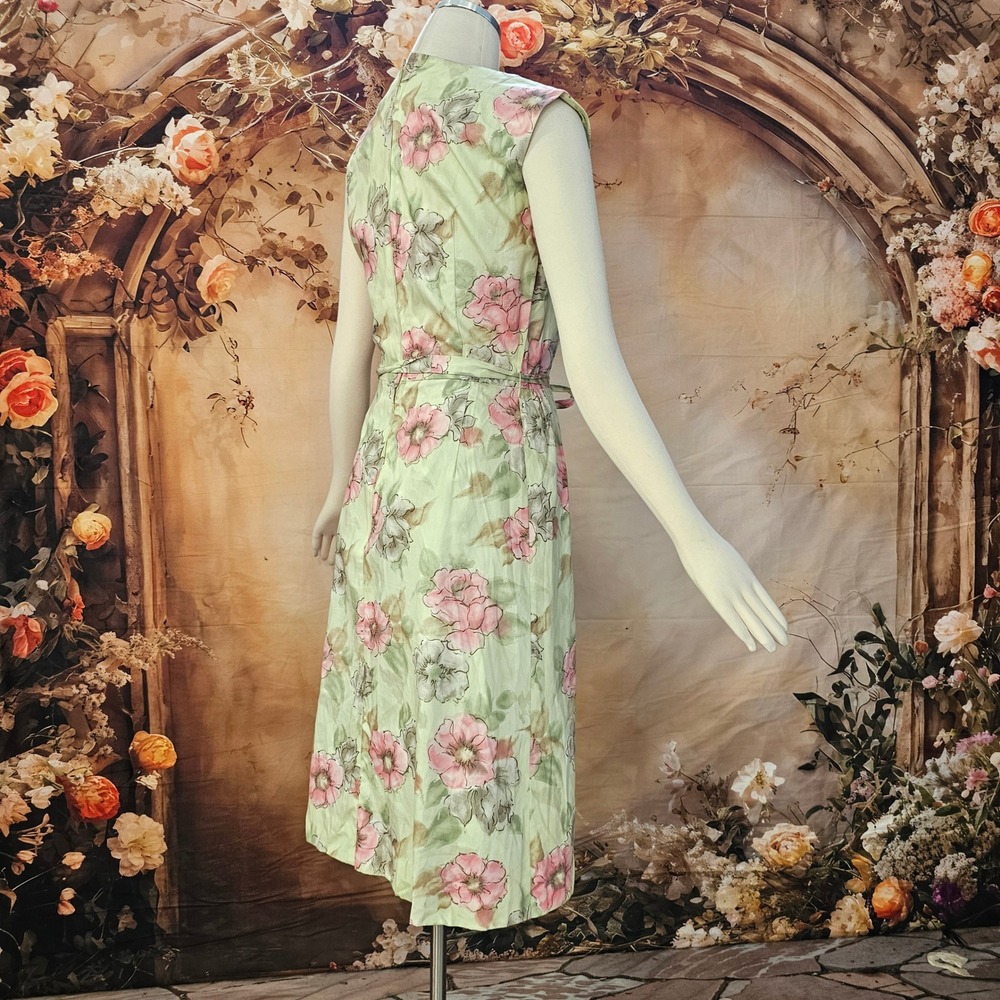 Vintage 1960s Floral Dress Tan Green Pink Sleeveless A-Line Belted Shift Mod - Picture 7 of 8